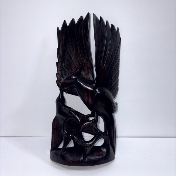 Vintage Feeding Eagle Sculpture Hand Carved Wood Natural Varnished Art Decor‎